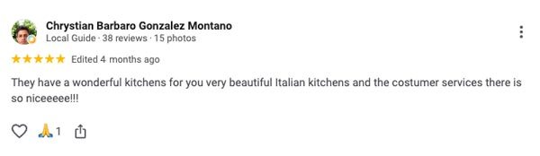 Reseña de Google de Christian Barbaro Gonzalez Montano, cinco estrellas: elogia las cocinas italianas y la atención al cliente