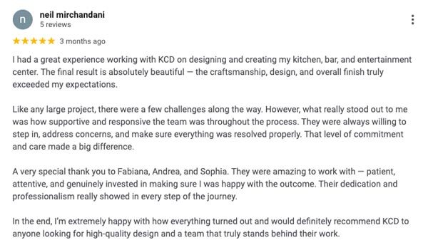 Reseña de Google de Neil Mirchandani, cinco estrellas: la ejecución y el acabado superaron sus expectativas y el equipo respondió en cada imprevisto