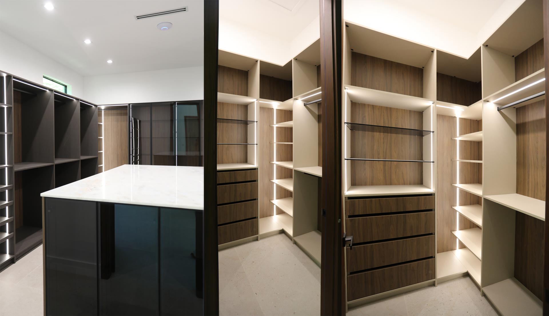 Custom walk-in closet with graphite open shelving, LED-lit uprights and a marble-top island, beside walnut and cream shelving with hanging rails and drawers