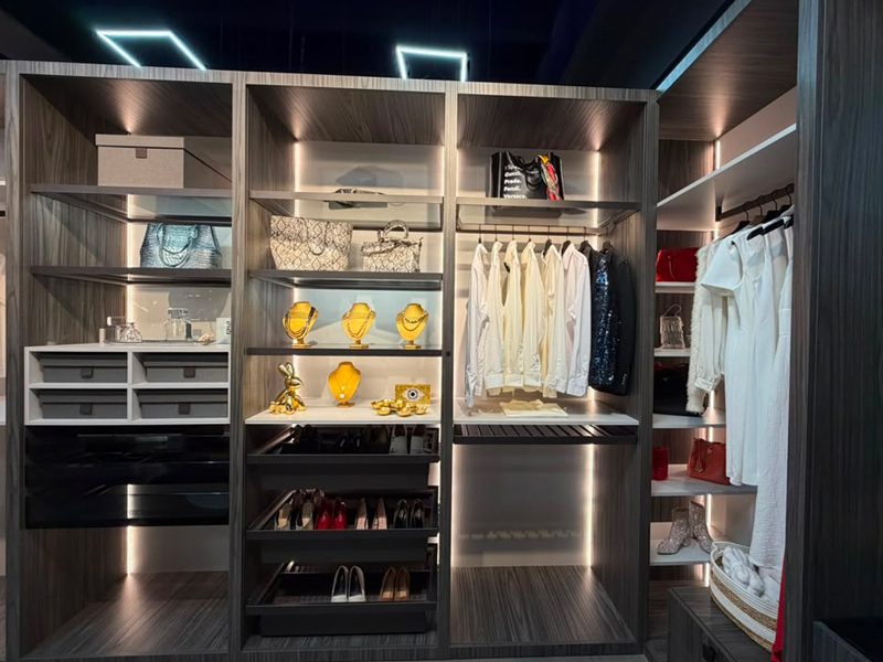 LED-lit shelving in a compact closet with pull-out shoe trays, shallow drawers, and open shelves