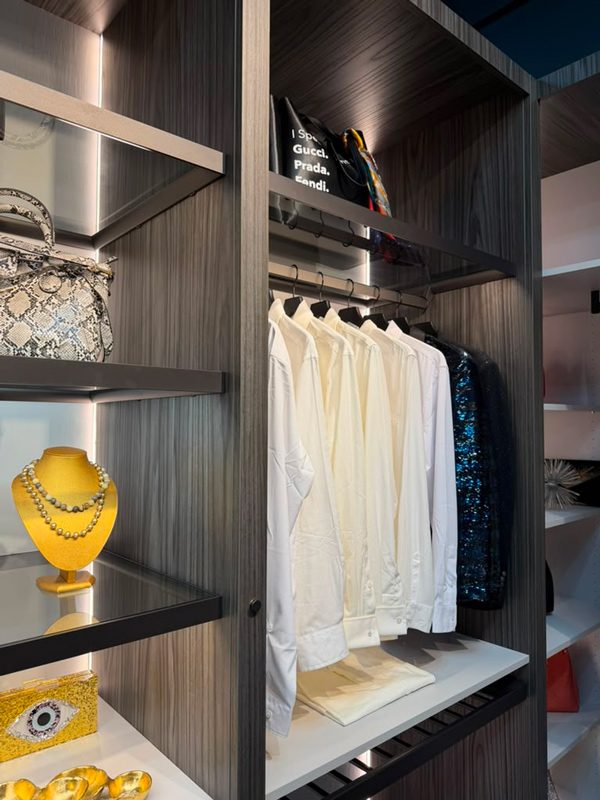 LED-lit shelving in a compact closet with a short-hanging rod for shirts and open shelves for accessories